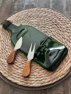 Handcrafted Cheese Board made from a Flattened Green Glass Bottle w/ Utensils